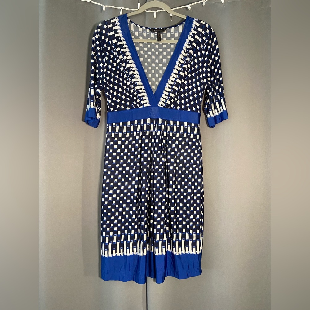 BCBGMaxAzria midi dress, size medium. Blue and white rectangular pattern.